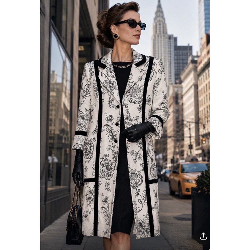 Vintage NWT Rare Zelda Floral Jacquard Duster Coat Black White Tailored Jacket 6
